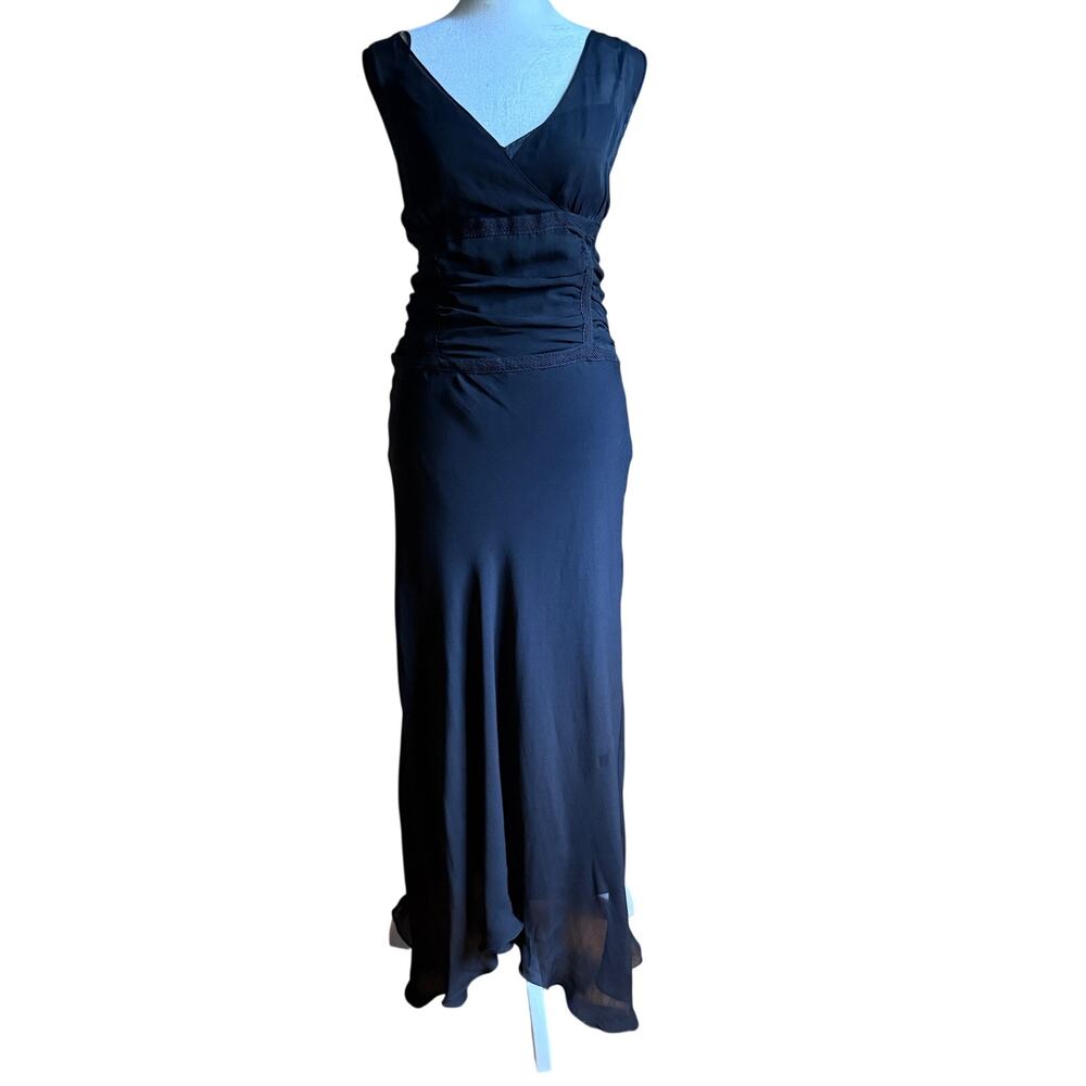 Y2K Vintage Black Silk Ruched Bias Cut V Neck Midi Dress | Size Medium